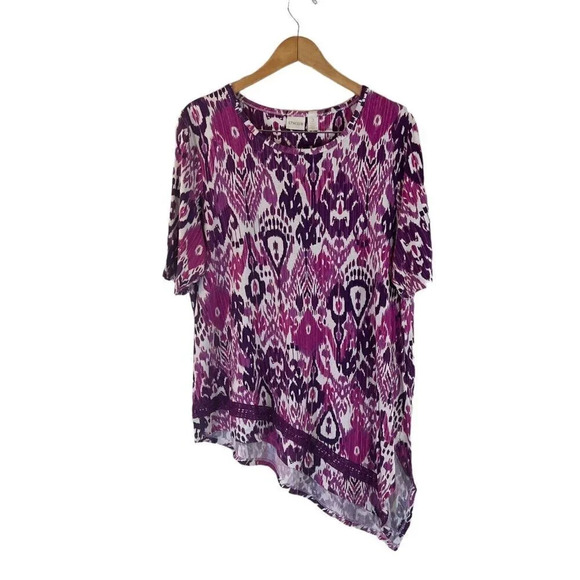 Chicos Tunic Size 3 Purple Damask Asymmetrical Pointed Hem Crochet Lace Trim Top - Picture 1 of 7